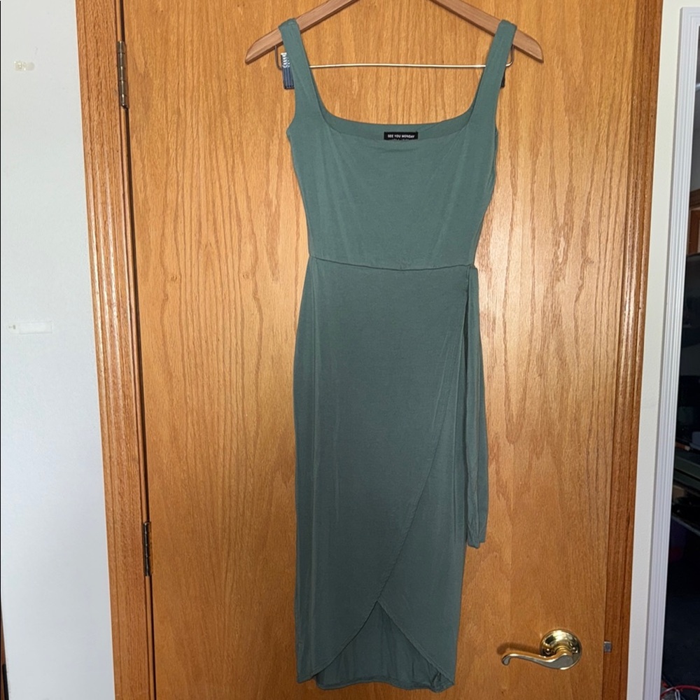 See You Monday Sage Green Square-Neck Midi Dress
